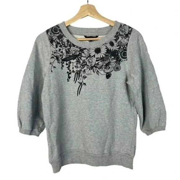 French Connection Gray Floral Print Y2K Half Sleeve Sweatshirt XS - Picture 1 of 3